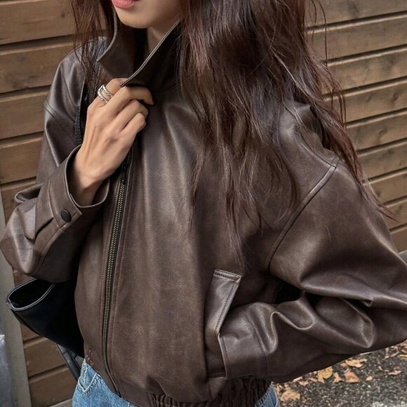 Brown Casual Womens Short faux Leather Jacket - Picture 1 of 7